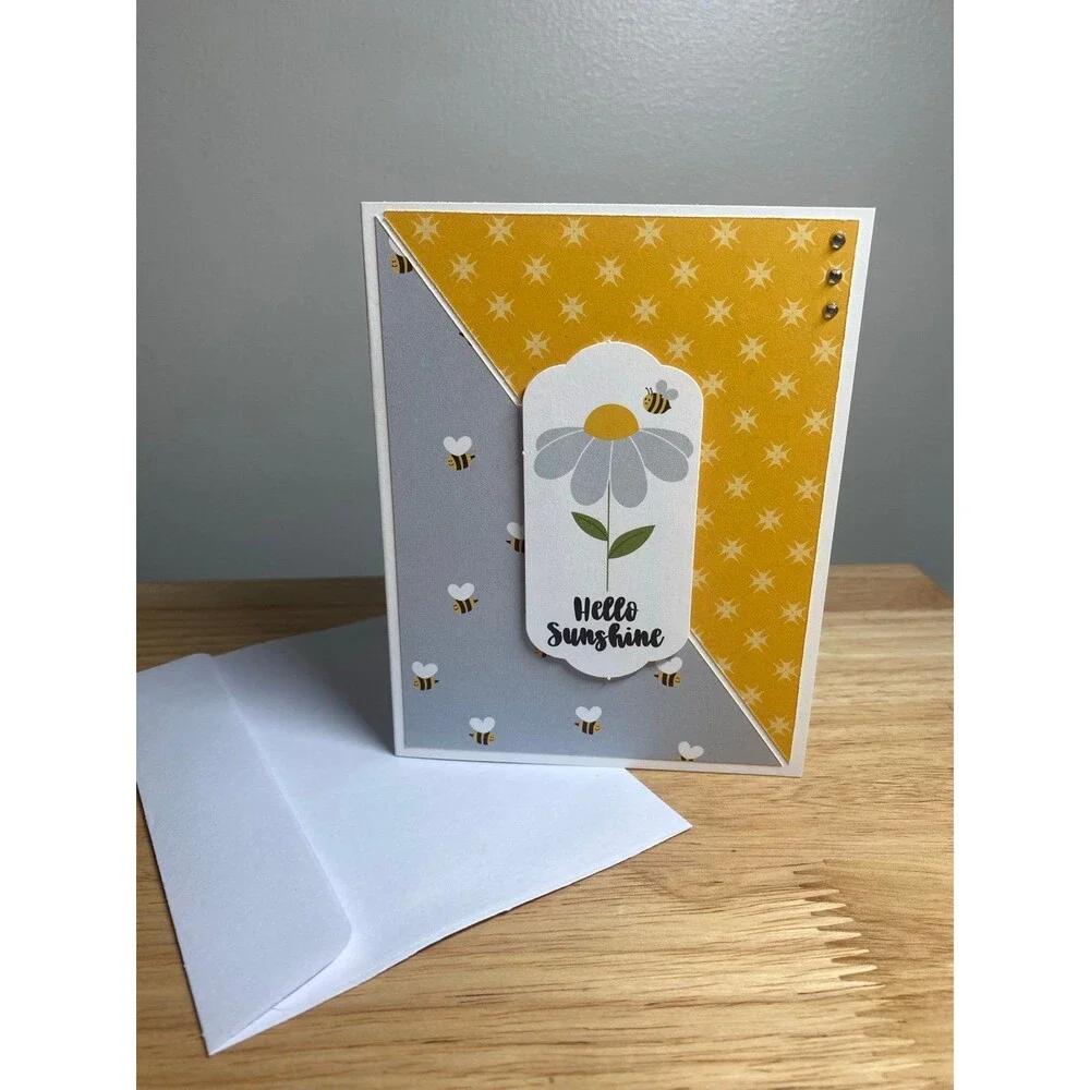 Bee & Flowers Hello Greeting Card – Handmade A2 Card – All Occasion Blank Card